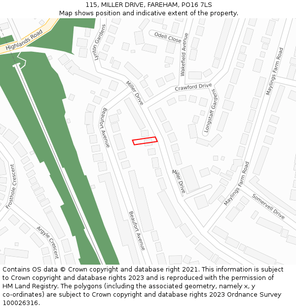 115, MILLER DRIVE, FAREHAM, PO16 7LS: Location map and indicative extent of plot