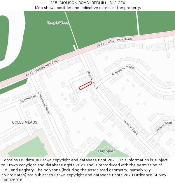 115, MONSON ROAD, REDHILL, RH1 2EX: Location map and indicative extent of plot