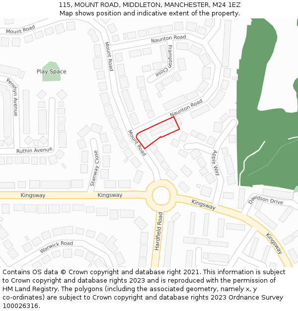 115, MOUNT ROAD, MIDDLETON, MANCHESTER, M24 1EZ: Location map and indicative extent of plot