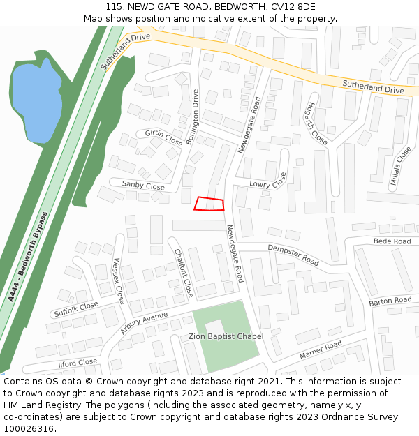 115, NEWDIGATE ROAD, BEDWORTH, CV12 8DE: Location map and indicative extent of plot