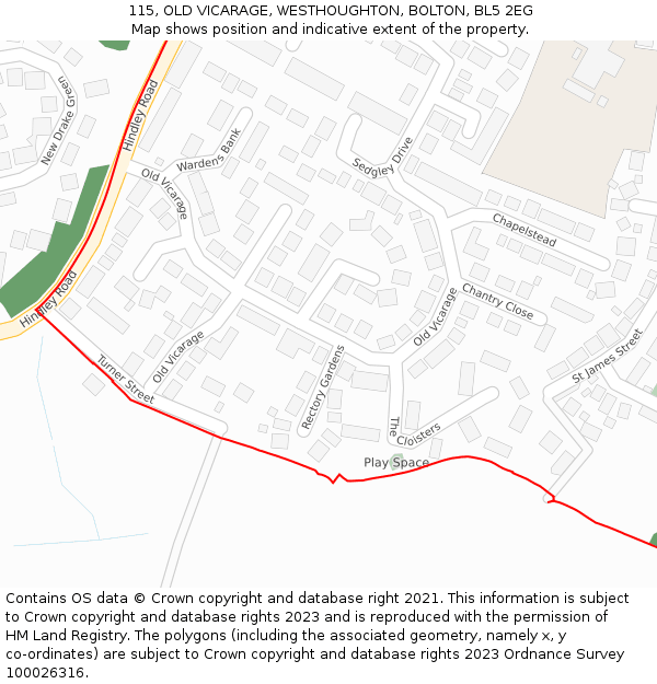 115, OLD VICARAGE, WESTHOUGHTON, BOLTON, BL5 2EG: Location map and indicative extent of plot