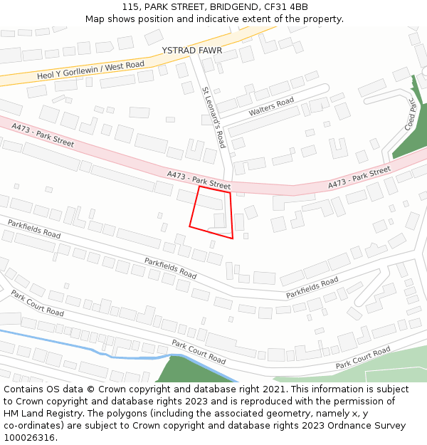 115, PARK STREET, BRIDGEND, CF31 4BB: Location map and indicative extent of plot