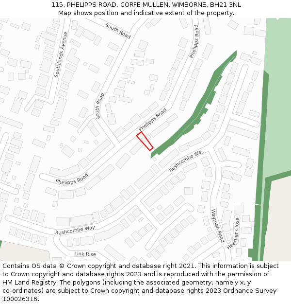 115, PHELIPPS ROAD, CORFE MULLEN, WIMBORNE, BH21 3NL: Location map and indicative extent of plot