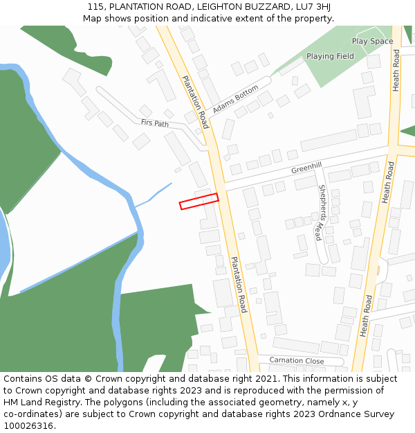 115, PLANTATION ROAD, LEIGHTON BUZZARD, LU7 3HJ: Location map and indicative extent of plot