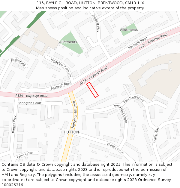 115, RAYLEIGH ROAD, HUTTON, BRENTWOOD, CM13 1LX: Location map and indicative extent of plot