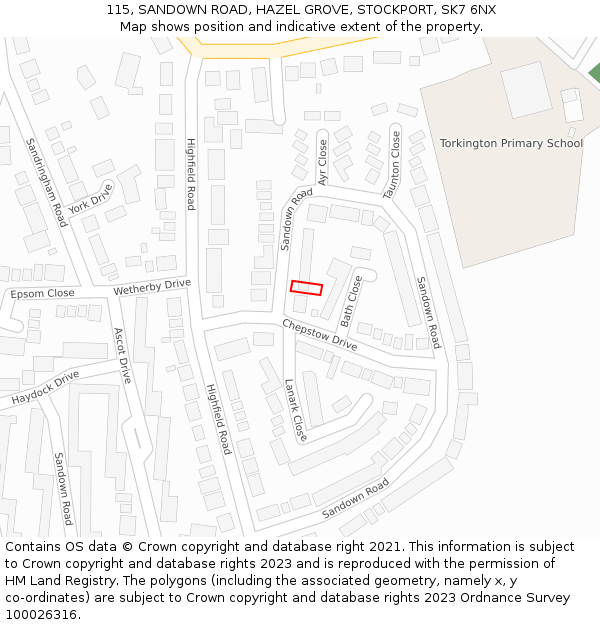 115, SANDOWN ROAD, HAZEL GROVE, STOCKPORT, SK7 6NX: Location map and indicative extent of plot