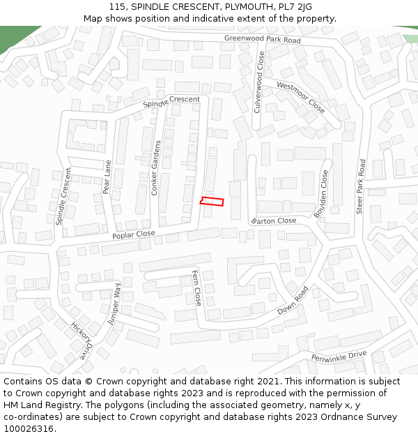 115, SPINDLE CRESCENT, PLYMOUTH, PL7 2JG: Location map and indicative extent of plot