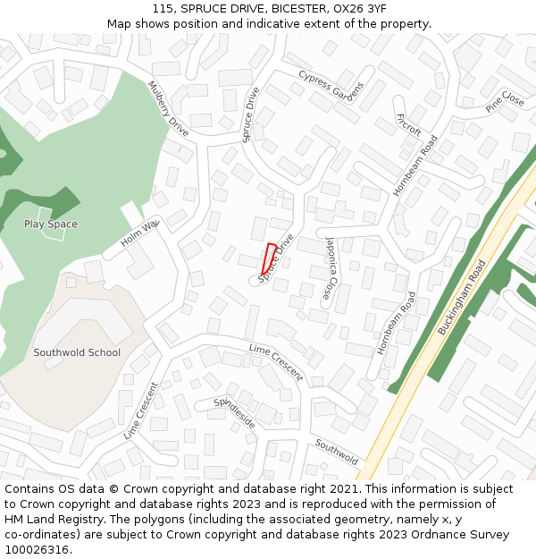 115, SPRUCE DRIVE, BICESTER, OX26 3YF: Location map and indicative extent of plot