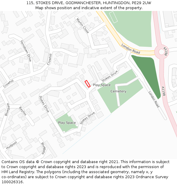 115, STOKES DRIVE, GODMANCHESTER, HUNTINGDON, PE29 2UW: Location map and indicative extent of plot