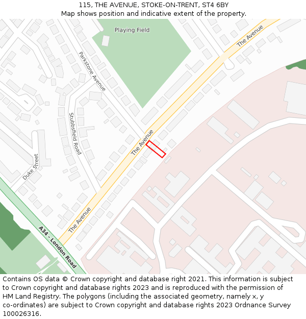 115, THE AVENUE, STOKE-ON-TRENT, ST4 6BY: Location map and indicative extent of plot