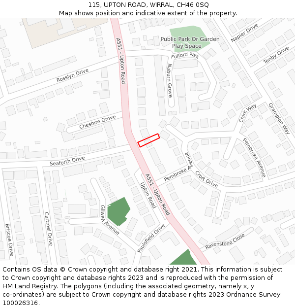 115, UPTON ROAD, WIRRAL, CH46 0SQ: Location map and indicative extent of plot