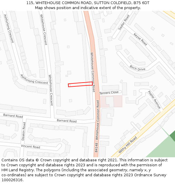 115, WHITEHOUSE COMMON ROAD, SUTTON COLDFIELD, B75 6DT: Location map and indicative extent of plot