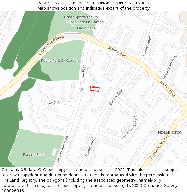 115, WISHING TREE ROAD, ST LEONARDS-ON-SEA, TN38 9LH: Location map and indicative extent of plot