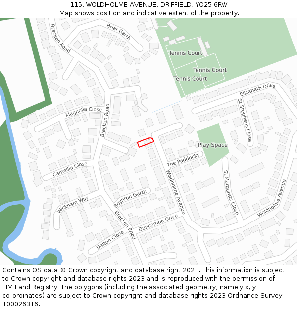 115, WOLDHOLME AVENUE, DRIFFIELD, YO25 6RW: Location map and indicative extent of plot