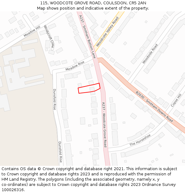 115, WOODCOTE GROVE ROAD, COULSDON, CR5 2AN: Location map and indicative extent of plot