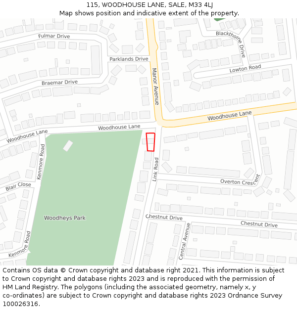 115, WOODHOUSE LANE, SALE, M33 4LJ: Location map and indicative extent of plot