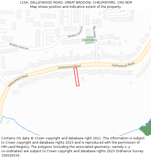 115A, GALLEYWOOD ROAD, GREAT BADDOW, CHELMSFORD, CM2 8DR: Location map and indicative extent of plot