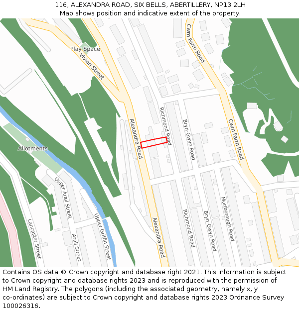 116, ALEXANDRA ROAD, SIX BELLS, ABERTILLERY, NP13 2LH: Location map and indicative extent of plot