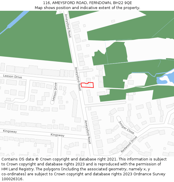 116, AMEYSFORD ROAD, FERNDOWN, BH22 9QE: Location map and indicative extent of plot