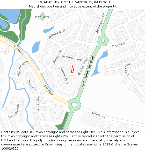 116, ATHELNEY AVENUE, WESTBURY, BA13 3GU: Location map and indicative extent of plot