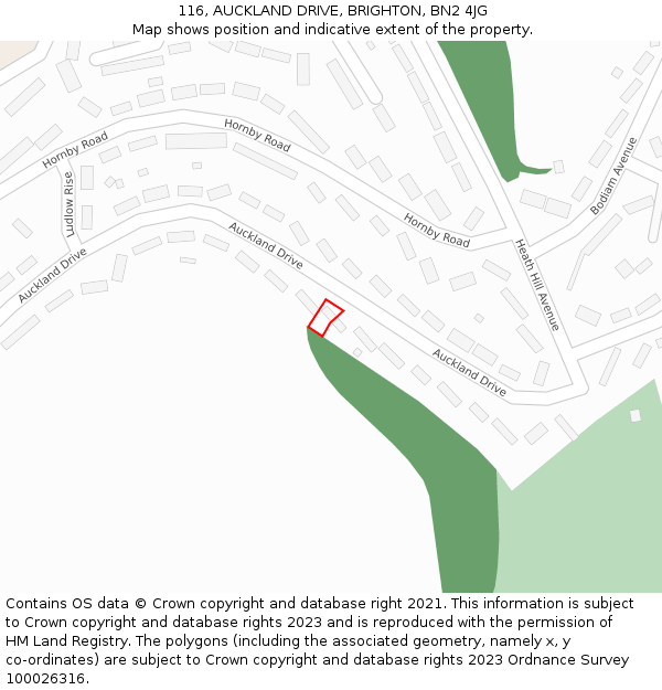 116, AUCKLAND DRIVE, BRIGHTON, BN2 4JG: Location map and indicative extent of plot
