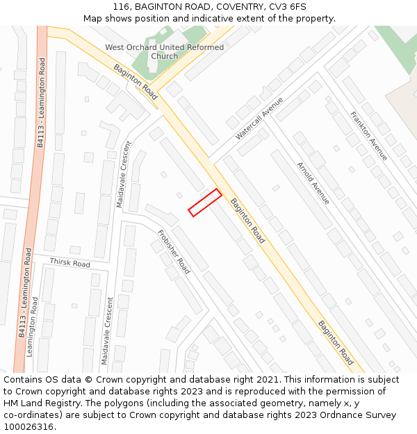 116, BAGINTON ROAD, COVENTRY, CV3 6FS: Location map and indicative extent of plot