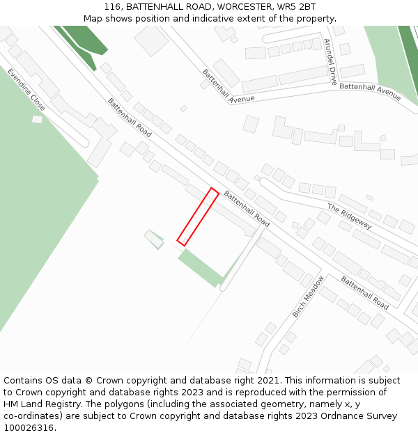 116, BATTENHALL ROAD, WORCESTER, WR5 2BT: Location map and indicative extent of plot