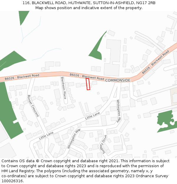 116, BLACKWELL ROAD, HUTHWAITE, SUTTON-IN-ASHFIELD, NG17 2RB: Location map and indicative extent of plot