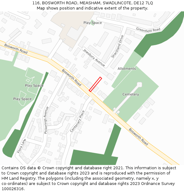 116, BOSWORTH ROAD, MEASHAM, SWADLINCOTE, DE12 7LQ: Location map and indicative extent of plot