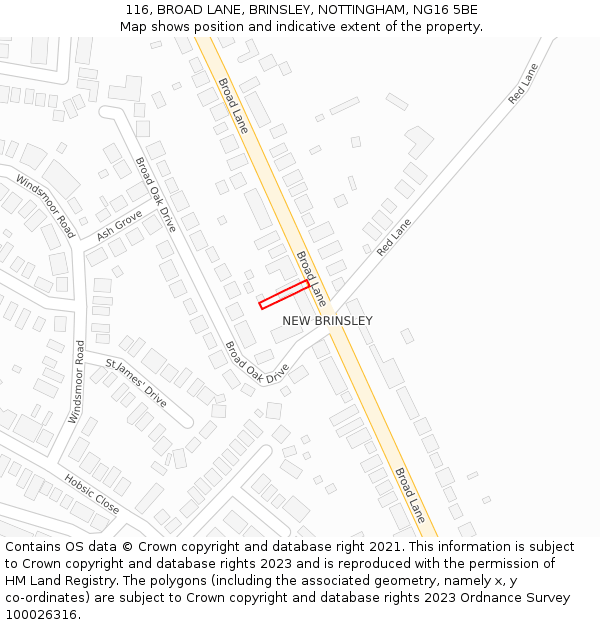 116, BROAD LANE, BRINSLEY, NOTTINGHAM, NG16 5BE: Location map and indicative extent of plot