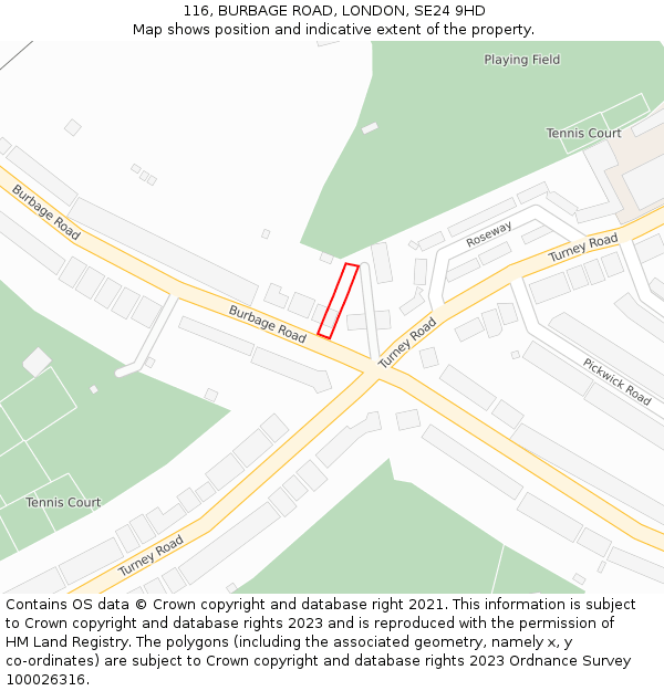 116, BURBAGE ROAD, LONDON, SE24 9HD: Location map and indicative extent of plot