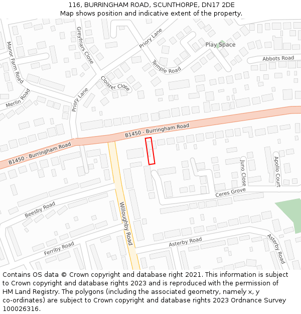 116, BURRINGHAM ROAD, SCUNTHORPE, DN17 2DE: Location map and indicative extent of plot