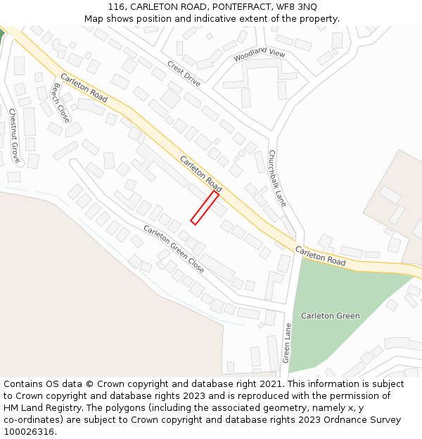 116, CARLETON ROAD, PONTEFRACT, WF8 3NQ: Location map and indicative extent of plot