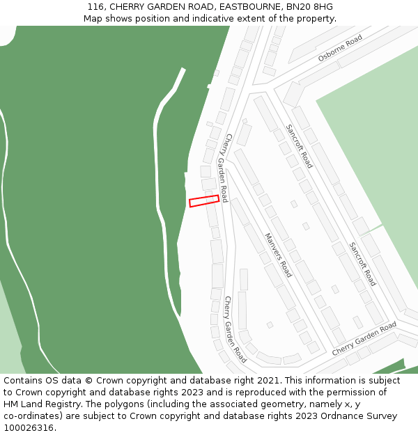 116, CHERRY GARDEN ROAD, EASTBOURNE, BN20 8HG: Location map and indicative extent of plot