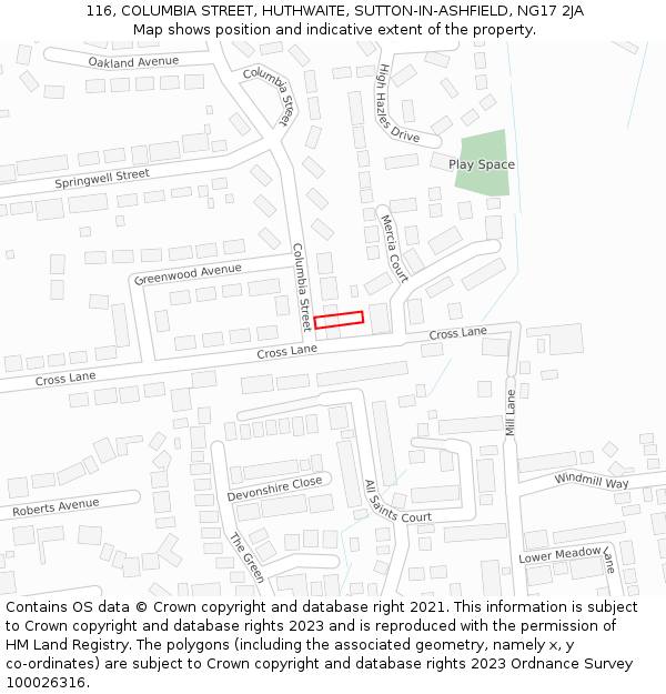 116, COLUMBIA STREET, HUTHWAITE, SUTTON-IN-ASHFIELD, NG17 2JA: Location map and indicative extent of plot