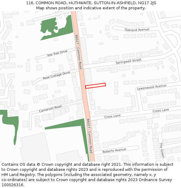 116, COMMON ROAD, HUTHWAITE, SUTTON-IN-ASHFIELD, NG17 2JS: Location map and indicative extent of plot