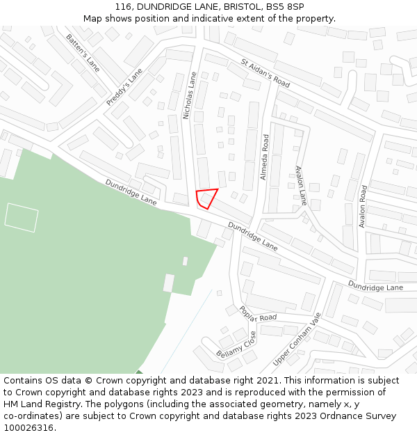 116, DUNDRIDGE LANE, BRISTOL, BS5 8SP: Location map and indicative extent of plot