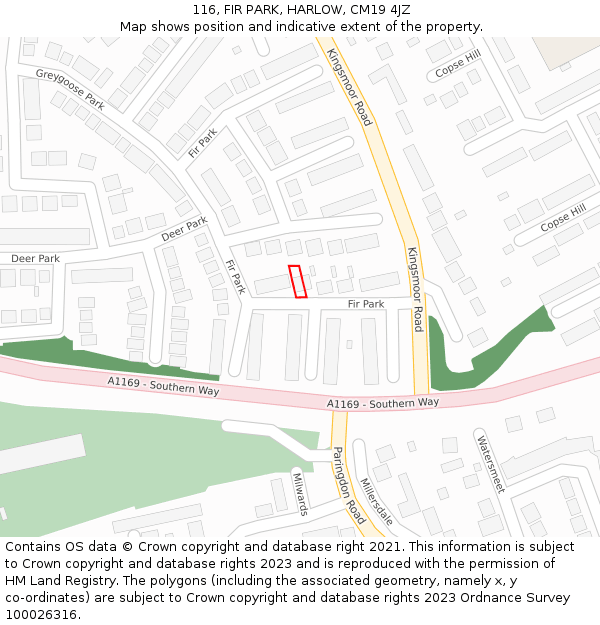 116, FIR PARK, HARLOW, CM19 4JZ: Location map and indicative extent of plot