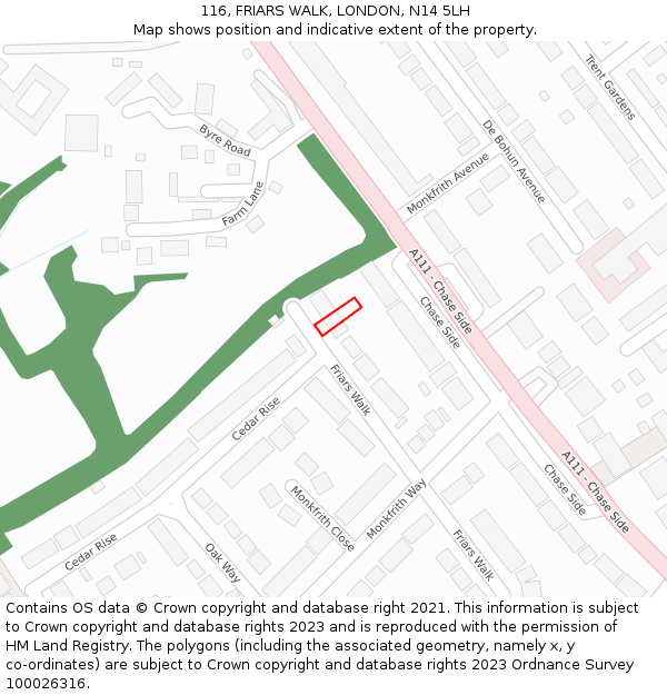 116, FRIARS WALK, LONDON, N14 5LH: Location map and indicative extent of plot