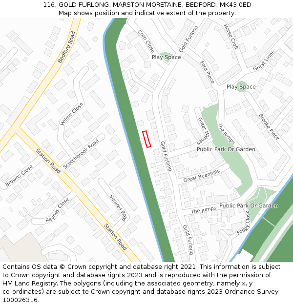 116, GOLD FURLONG, MARSTON MORETAINE, BEDFORD, MK43 0ED: Location map and indicative extent of plot