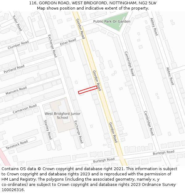 116, GORDON ROAD, WEST BRIDGFORD, NOTTINGHAM, NG2 5LW: Location map and indicative extent of plot