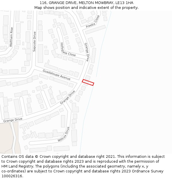 116, GRANGE DRIVE, MELTON MOWBRAY, LE13 1HA: Location map and indicative extent of plot