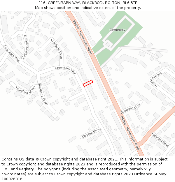 116, GREENBARN WAY, BLACKROD, BOLTON, BL6 5TE: Location map and indicative extent of plot