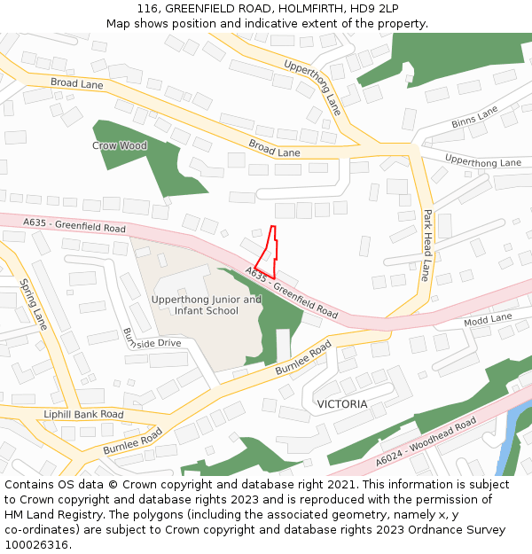 116, GREENFIELD ROAD, HOLMFIRTH, HD9 2LP: Location map and indicative extent of plot