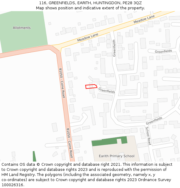 116, GREENFIELDS, EARITH, HUNTINGDON, PE28 3QZ: Location map and indicative extent of plot