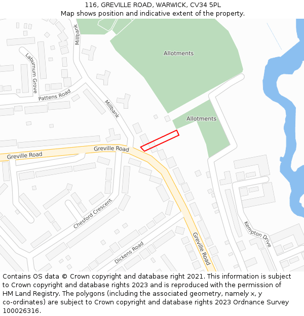 116, GREVILLE ROAD, WARWICK, CV34 5PL: Location map and indicative extent of plot