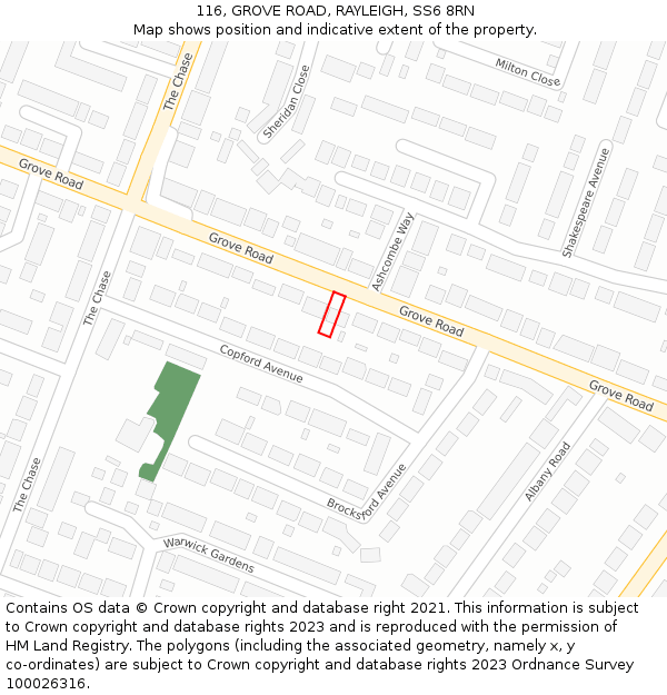 116, GROVE ROAD, RAYLEIGH, SS6 8RN: Location map and indicative extent of plot