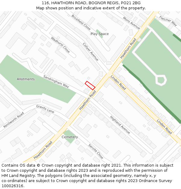 116, HAWTHORN ROAD, BOGNOR REGIS, PO21 2BG: Location map and indicative extent of plot