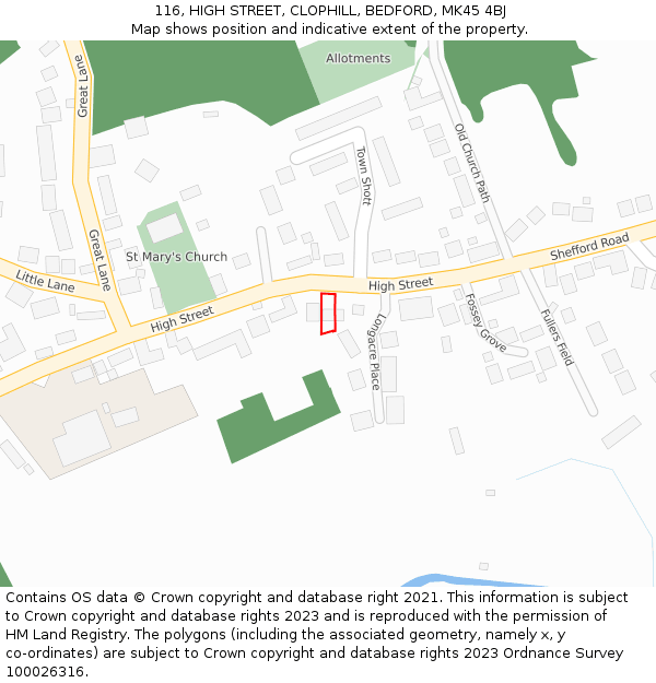 116, HIGH STREET, CLOPHILL, BEDFORD, MK45 4BJ: Location map and indicative extent of plot