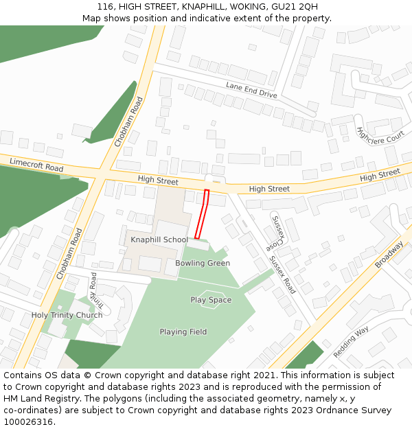 116, HIGH STREET, KNAPHILL, WOKING, GU21 2QH: Location map and indicative extent of plot